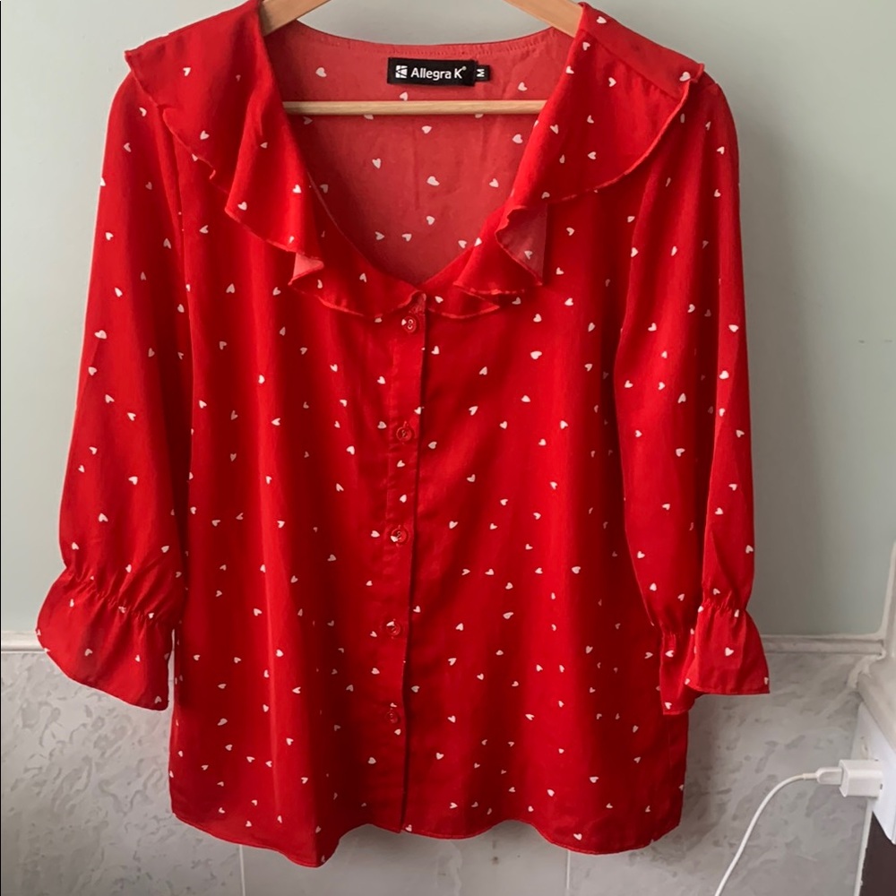 Allegra K Women's Red Heart Print Blouse
